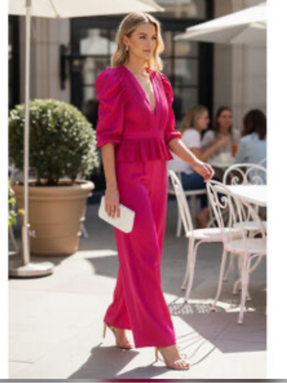 Women's Fuchsia Plissé Peplum Jumpsuit with Puff Sleeves